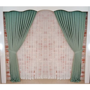 Figen Perde Bataklık Yeşil Renk Fon Kadife Perde Çift Kanat 1/3 Sık Pileli Dikim V-73