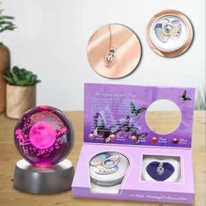 Keyfim Shop Istiridye Içinde Gerçek Inci Kolye & 3D Samanyolu Temalı Satürn Kız Işıklı Cam Küre Hediye Seti