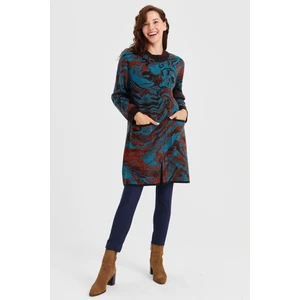 Desen Triko Kadın Dik Yaka Renkli Dalga Desenli Uzun Yün Kaban K.kahve