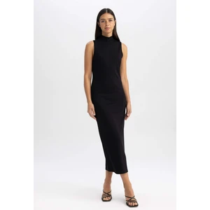 Bodycon Vücudu Saran Basic Düz Yarım Balıkçı Yaka Siyah Kolsuz Midi Elbise	 Y8841AZ23AU