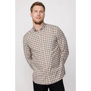 Klasik Fit Düğmeli Yaka Küçük Kareli Pamuklu Bej Erkek Gömlek