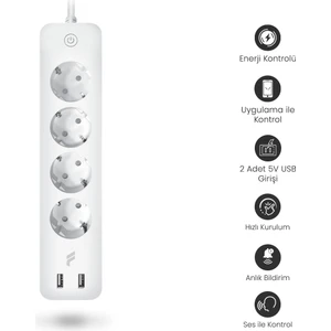 Akıllı Çoklu Priz, (16 Amper) 2 USB'li, Enerji Tüketim Takibi, Wifi, Zamanlayıcı, Uzaktan Kontrol, 2 Yıl Garantili