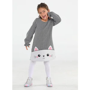 Parlak Kedi Nakışlı Kazayağı Kız Elbise