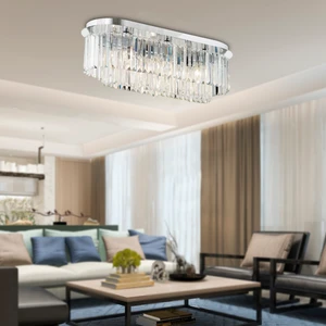 Nilüfer Dikdörtgen Krom Kristalli, Taşlı Modern Tasarım Yemek Masası Üstü, Kristal Salon Avize