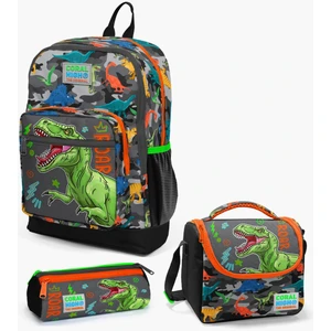 Coral High Kids Siyah Gri Dinozor Desenli 3’lü Okul Çanta Seti Set 23744-MİX3
