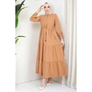 Hafsa Mina Büzgülü Düğmeli Ayrobin Elbise Camel