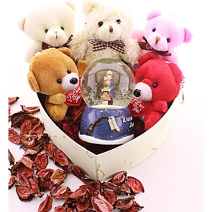 Star Global Sevgililer Kar Küresi ve 5 Adet Yavru Ayıcık Kalp Hediye Kutusu Içinde Hediye Seti STRGLBL75