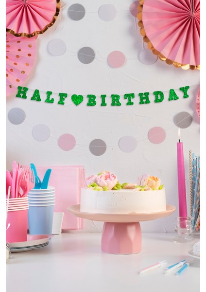 Yeşil Half Birthday Yazılı Banner, Yarım Yaş Partisi, Doğum Günü Süsü, Simli Eva Banner