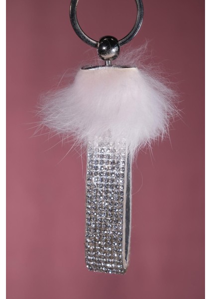 Açık Pembe Tavşan Tüylü Gümüş Logosuz Anahtarlık