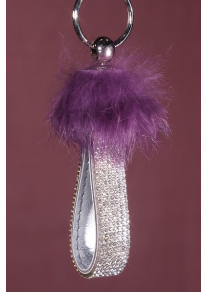 Mor Tavşan Tüylü Gümüş Logosuz Anahtarlık