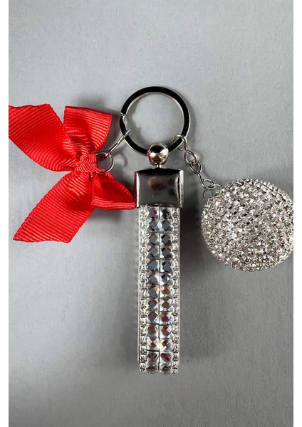 Gümüş Bagetli Anahtarlık & Gümüş Disko Top & Kırmızı Kurdela