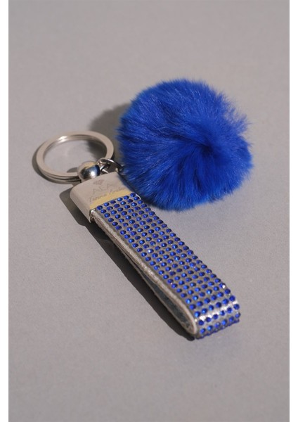 Saks Mavi Taşlı & Logosuz Anahtarlık & Minik Ponpon Saks Mavi