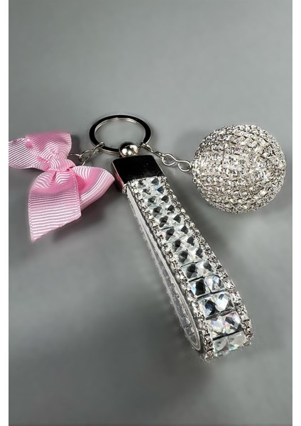 Gümüş Bagetli Anahtarlık & Gümüş Disko Top & Açık Pembe Kurdela