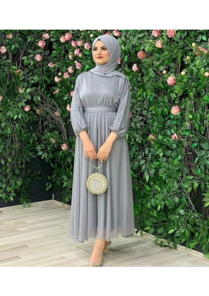Simli Abiye Kusaklı Tesettür Rahat Astarlı