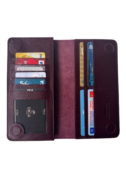 Diga Huawei ile Uyumlu Mıknatıslı Cüzdan Hakiki Deri Kadın Erkek Telefon Bölmeli 10 Kartlık Para Bölmeli 18X10X2 cm Bordo