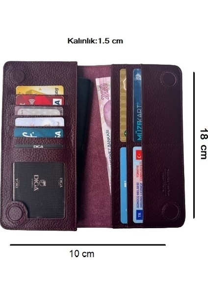 Diga Huawei ile Uyumlu Mıknatıslı Cüzdan Hakiki Deri Kadın Erkek Telefon Bölmeli 10 Kartlık Para Bölmeli 18X10X2 cm Bordo