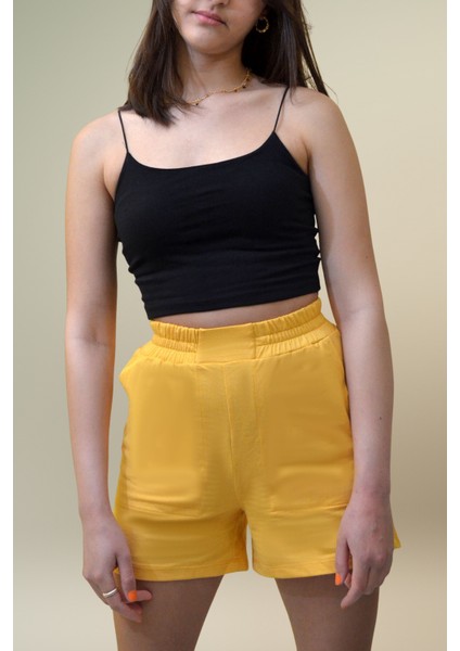 Kadın Hardal Sarısı Yüksek Bel Rahat Kalıp Günlük Mini Şort fiyatları