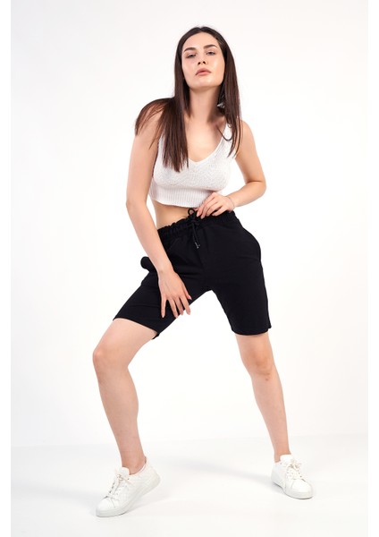 Unisex Siyah Rahat Kalıp Cepli Bağcıklı Günlük Şort