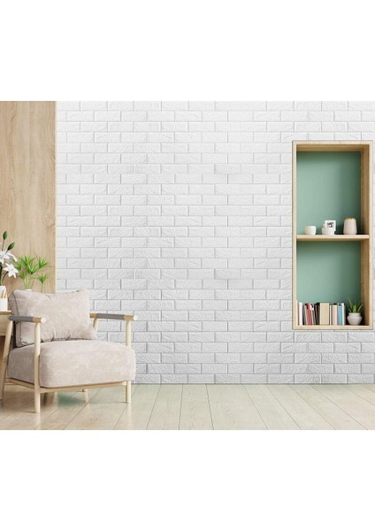 70X54CM (0,38M2) Kendinden Yapışkanlı Duvar Kağıdı Esnek Köpük Paneli 3D Boyutlu Tuğla Desen Beyaz