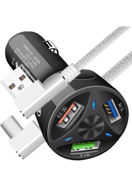 A3 Universal Araç Şarj Adaptörü -3 Girişli + J11 Type-C 90 Derece 2.4A Şarj Kablosu -1mt