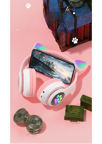 Yüksek Değerli Renkli Kedi Kulağı Bluetooth Kulaklık Oyun Kulak Içi Kulaklık (Yurt Dışından)