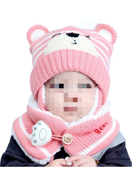 Polar Örme Çocuk Sevimli Ayı Yün Kulaklık Şapka Eşarp (Yurt Dışından)