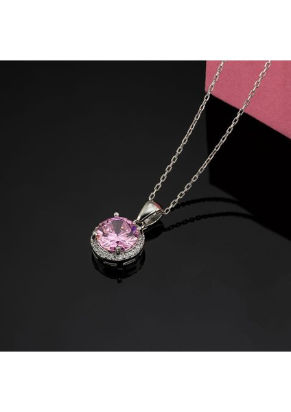 Pembe Zirkon Yuvarlak Kesim Gümüş Kolye