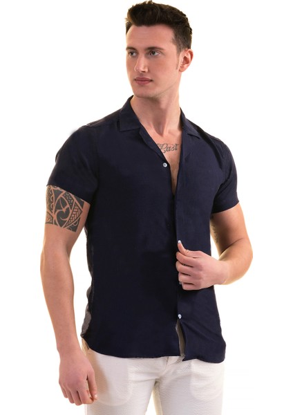 Lacivert Sade Pamuk Nefes Alan Hawaii Apaş Yaka Kısa Kollu Yazlık Gömlek