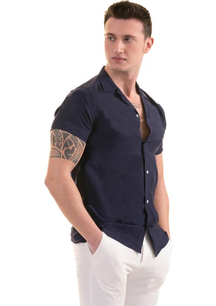 Lacivert Sade Pamuk Nefes Alan Hawaii Apaş Yaka Kısa Kollu Yazlık Gömlek fiyatları