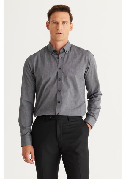 ALTINYILDIZ CLASSICS Erkek Antrasit Slim Fit Dar Kesim Düğmeli Yaka Desenli Gömlek