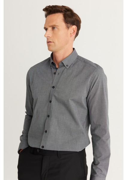 ALTINYILDIZ CLASSICS Erkek Antrasit Slim Fit Dar Kesim Düğmeli Yaka Desenli Gömlek indirimleri