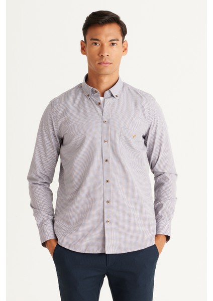 Erkek Lacivert-Hardal Slim Fit Dar Kesim Düğmeli Yaka Logolu Cepli Pamuklu Çizgili Gömlek