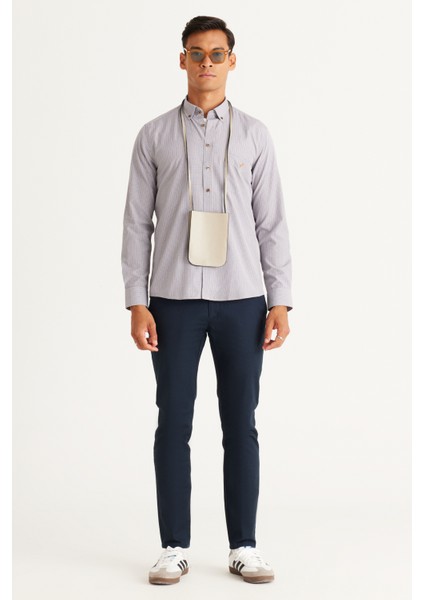 Erkek Lacivert-Hardal Slim Fit Dar Kesim Düğmeli Yaka Logolu Cepli Pamuklu Çizgili Gömlek fiyatları