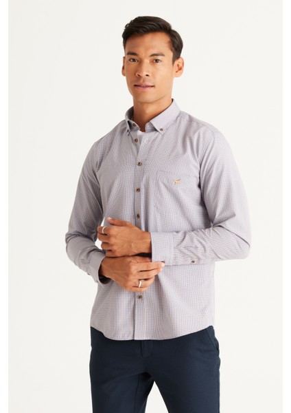 Erkek Lacivert-Hardal Slim Fit Dar Kesim Düğmeli Yaka Logolu Cepli Pamuklu Çizgili Gömlek modelleri