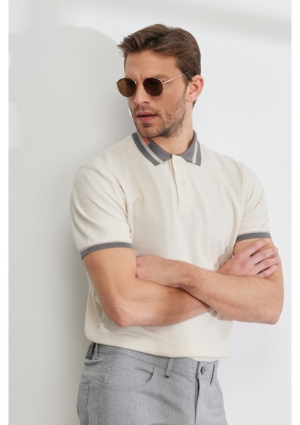 Erkek Bej Slim Fit Dar Kesim %100 Pamuk Kıvrılmaz Polo Yaka Tişört