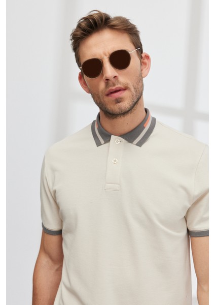 Erkek Bej Slim Fit Dar Kesim %100 Pamuk Kıvrılmaz Polo Yaka Tişört