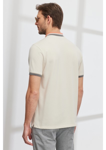 Erkek Bej Slim Fit Dar Kesim %100 Pamuk Kıvrılmaz Polo Yaka Tişört