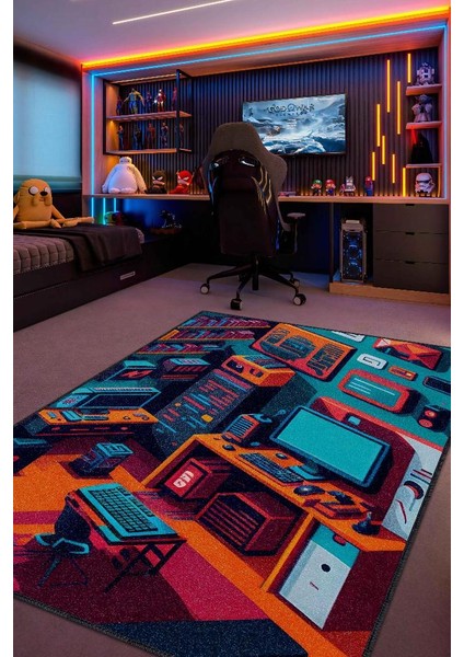 Renkli Gamer Odası Halısı,Pastel Tonlu Canlı Renkli Genç Odası Halısı,Oyuncu Odası Halısı,Modern Gamer Halısı
