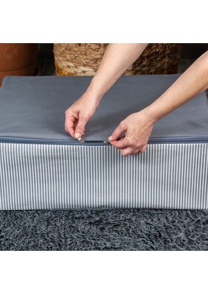 4 Adet Büyük Boy Çizgi Desen Baskılı Antrasit Baza Altı Düzenleyici Hurç Seti 60x40x20 cm fırsatları