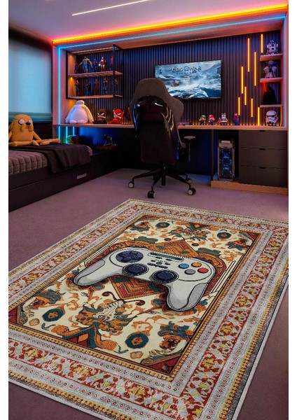 Art Deko Gamer Halısı,Çok Renkli Gamer Halısı,Gamepad Figürlü Joystick Desenli Geleneksel Modern Oyuncu Halısı