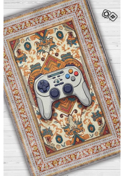 Art Deko Gamer Halısı,Çok Renkli Gamer Halısı,Gamepad Figürlü Joystick Desenli Geleneksel Modern Oyuncu Halısı