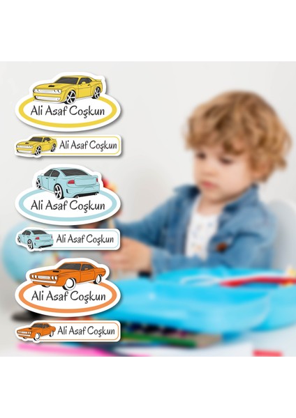 Kişiye Özel Araba Temalı Okul Etiket Seti - 108 Adet - Kokusuz Ekolojik Mürekkep Pvc Etiket Sticker