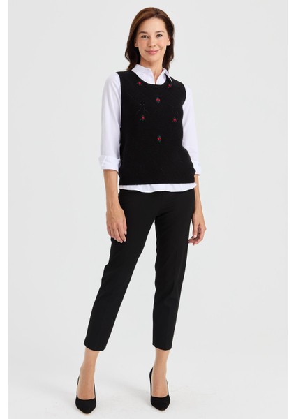 Kadın Sıfır Yaka Önü Baklava Linksli Yün Süveter Siyah indirimleri