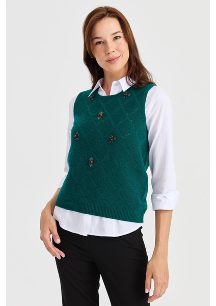 Kadın Sıfır Yaka Önü Baklava Linksli Yün Süveter K.ö.başı