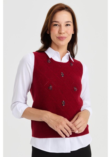 Kadın Sıfır Yaka Önü Baklava Linksli Yün Süveter V.kırmızı