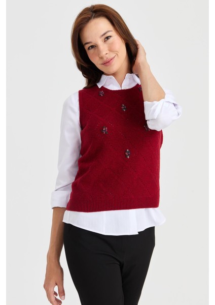 Kadın Sıfır Yaka Önü Baklava Linksli Yün Süveter V.kırmızı fiyatları