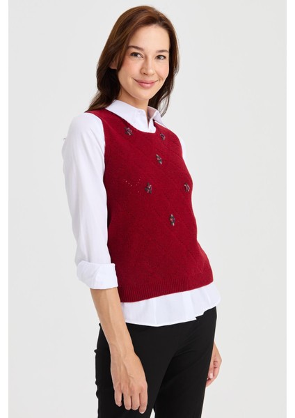 Kadın Sıfır Yaka Önü Baklava Linksli Yün Süveter V.kırmızı modelleri