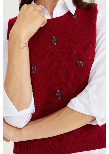Kadın Sıfır Yaka Önü Baklava Linksli Yün Süveter V.kırmızı fırsatları