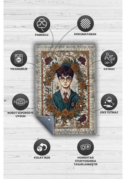 Harry Potter Halısı Çiçekli Art Deco Harry Potter Desenli Halı Yıkanabilir Çocuk Odası Halısı Çok Renkli Halı