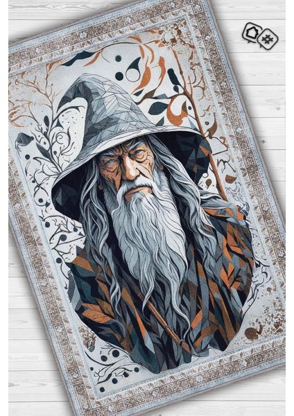 Gandalf Figürlü Geleneksel Desenli Mavi Turuncu Gri Renkli Yüzüklerin Efendisi Halısı Orta Dünya Dekoratif Halı